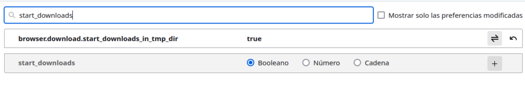 Pantalla de configuración avanzada de Firefox, en la que en la caja de búsqueda se ha tecleado "start_downloads" y se ha filtrado la entrada "browser.download.start_downloads_in_tmp_dir"